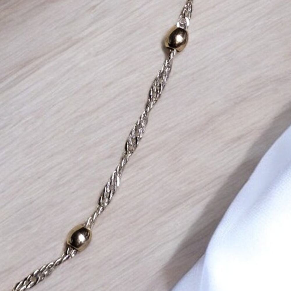 Silver Twisted Chain Gold Bead Two Tone Necklace 22 Inch Minimal Modern Chic - Picture 4 of 4